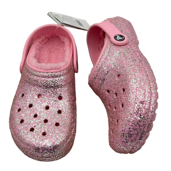 Crocs Youth Girls Slip-on Lined Clogs Sz 3 (J3) Pink Glitter Faux Fur Fuzzy Warm - Picture 7 of 14